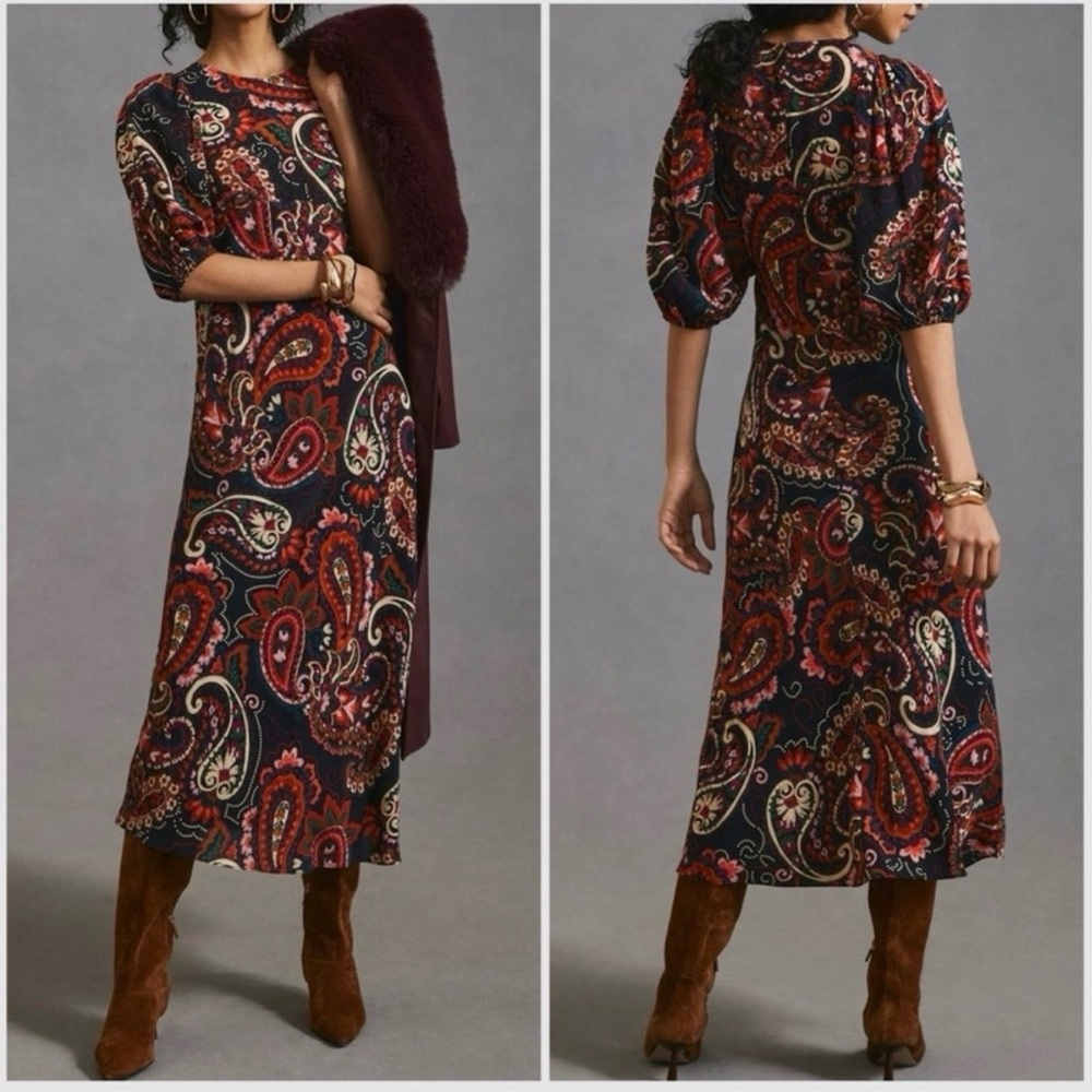Anthropologie Kachel Paisley Puff Sleeve Midi Dress